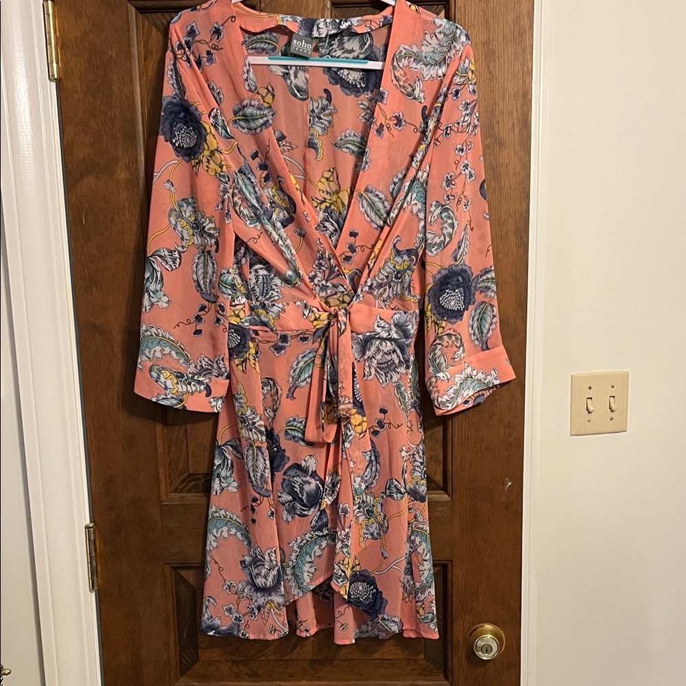 Floral Wrap Dress in Coral and Blue.. one size.. New York & co